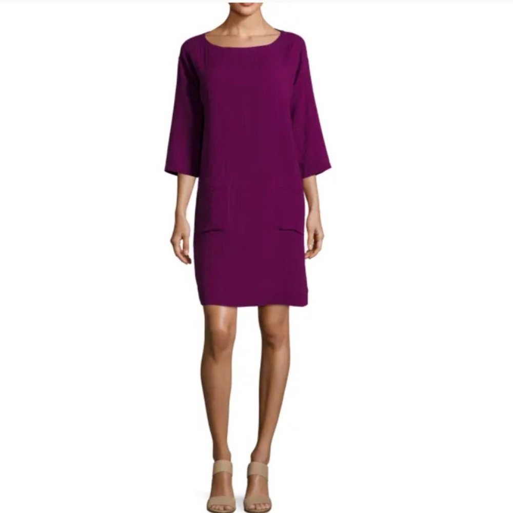Eileen Fisher Small Fuchsia Organic Cotton Gauze 3/4 Sleeves Pockets Shift Dress